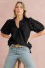 Black Hollow-out Flower Embroidered Short Puff Sleeve Blouse