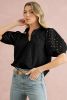 Black Hollow-out Flower Embroidered Short Puff Sleeve Blouse
