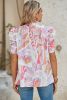 Pink Abstract Print Smocked Bubble Sleeve Blouse