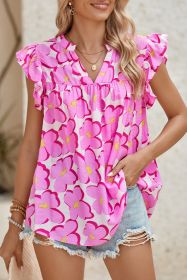Rose Floral Print Frill V-Neck Pleated Ruffle Blouse (size: (US 16-18)XL)