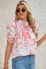 Pink Abstract Print Smocked Bubble Sleeve Blouse