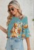 Mineral Blue Floral Print Round Neck Flounce Sleeve Blouse