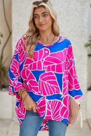 Rose Red Leaf Print V Neck Loose Blouse (size: (US 16-18)XL)