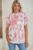 Pink Abstract Print Smocked Bubble Sleeve Blouse