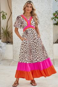 Bright Pink V-neck Leopard Print Colorblock Maxi Dress (size: (US 16-18)XL)