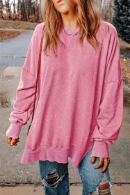 Pink Plain Drop Shoulder Ribbed Trim Oversized Sweatshirt (size: (US 8-10)M)
