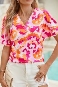 Rose Red Boho Abstract Print V Neck Loose Top (size: (US 16-18)XL)