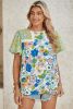 Green Bubble Sleeve Lace Trim Mixed Floral Blouse