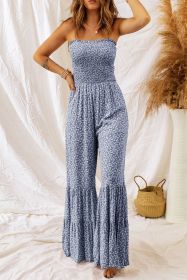 Dusk Blue Floral Print Spaghetti Straps Smocked Wide Leg Jumpsuit (size: (US 16-18)XL)