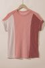 Apricot Pink Colorblock Crinkle Rib Round Neck T Shirt