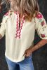 Beige Floral Embroidered Puff Sleeve Ricrac Textured Blouse