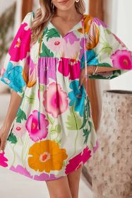 White Puff Sleeve Tied Split Neck Colorful Floral Flowy Dress (size: (US 16-18)XL)