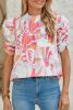 Pink Abstract Print Smocked Bubble Sleeve Blouse