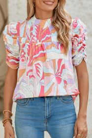 Pink Abstract Print Smocked Bubble Sleeve Blouse (size: (US 16-18)XL)