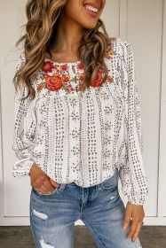 Beige Bohemian Floral Embroidered Printed Buttons Front Blouse (size: (US 8-10)M)