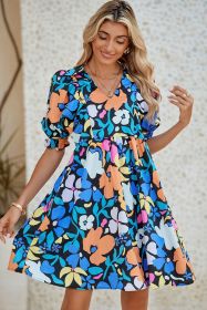 Blue Floral Print Collared Split V Neck Flared Mini Dress (size: (US 4-6)S)