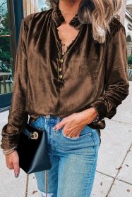 Desert Palm Frilled Neck Buttoned Front Velvet Top (size: (US 16-18)XL)