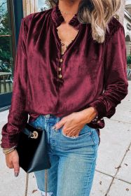 Red Frilled Buttoned V Neck Velvet Blouse (size: (US 16-18)XL)