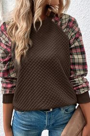 Brown Plaid Print Waffle Quilted Raglan Sleeve Sweatshirt (size: (US 16-18)XL)