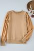 Pale Khaki Eyelet Embroidered Sleeve Patchwork Ribbed Sweatshirt