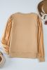 Pale Khaki Eyelet Embroidered Sleeve Patchwork Ribbed Sweatshirt
