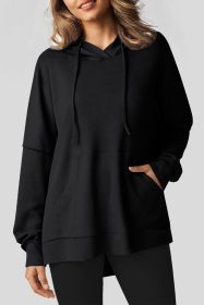 Black Waffle Knit High Low Oversized Hoodie (size: (US 16-18)XL)