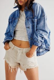 Dark Blue Washed Oversized Pocketed Denim Jacket (size: (US 16-18)XL)