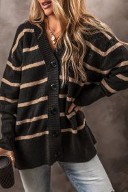 Black Stripe Buttoned V Neck Drop Shoulder Loose Cardigan (size: (US 4-6)S)