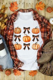 White Halloween Pumpkin Bow Knot Graphic Crew Neck Tee (size: (US 16-18)XL)