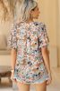 Multicolor Split V Neck Puff Sleeve Floral Print Blouse