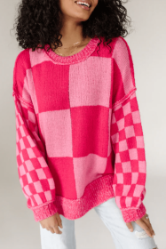 Rose Red Checkered Drop Sleeve Knit Sweater (size: (US 16-18)XL)