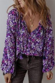 Purple Boho Ditsy Floral Split V Neck Bubble Sleeve Blouse (size: (US 12-14)L)