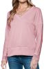 Pink Ribbed Texture Lace Trim V Neck Long Sleeve Top