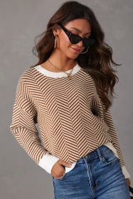 Coffee Stripe Contrast Edge Crew Neck Drop Shoulder Sweater (size: (US 16-18)XL)