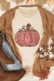 Khaki Leopard Pumpkin Graphic Round Neck T Shirt (size: (US 16-18)XL)