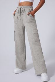 Light Grey Multi Pockets Lace Up High Waist Wide Leg Workout Pants (size: (US 16-18)XL)