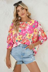 Pink Shirred Cuffs 3/4 Sleeve Boho Floral Blouse (size: (US 16-18)XL)