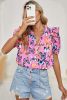 Purple Butterfly Print Frill V Neck Puff Sleeve Blouse