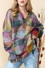 Multicolor Brushed Check Kangaroo Pocket Thumbholes Henley Hoodie (size: (US 16-18)XL)