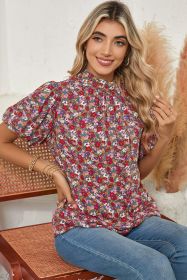 Purple Boho Floral Print Mock Neck Puff Sleeve Blouse (size: (US 8-10)M)