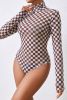 Brown Checkered Print Long Sleeve Mock Neck Bodysuit