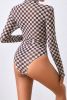 Brown Checkered Print Long Sleeve Mock Neck Bodysuit