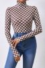Brown Checkered Print Long Sleeve Mock Neck Bodysuit