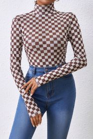 Brown Checkered Print Long Sleeve Mock Neck Bodysuit (size: (US 16-18)XL)