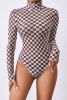 Brown Checkered Print Long Sleeve Mock Neck Bodysuit