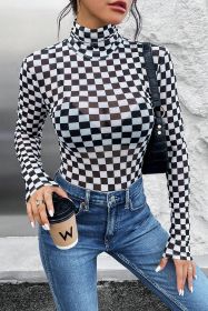 Black Checkered Print Long Sleeve Mock Neck Bodysuit (size: (US 16-18)XL)