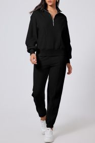 Black Solid Color Half Zip Up Pullover Top and Jogger Set (size: (US 16-18)XL)
