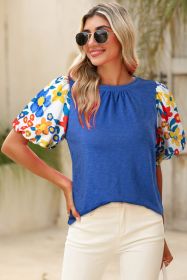 Blue Floral Print Puff Sleeve Round Neck Blouse (size: (US 16-18)XL)