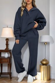 Navy Blue Solid Color Collared Sweatshirt and High Waist Pants Set (size: (US 16-18)XL)