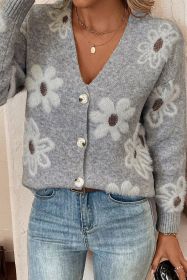 Light Grey Floral Print V Neck Knitted Button Up Cardigan (size: (US 16-18)XL)